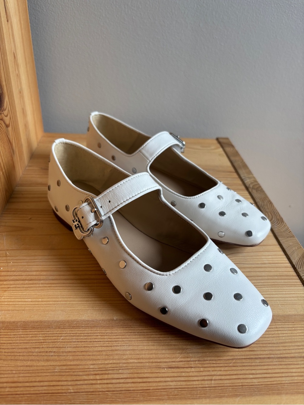 Sam Edelman White Mary Jane Flats with Silver Studs